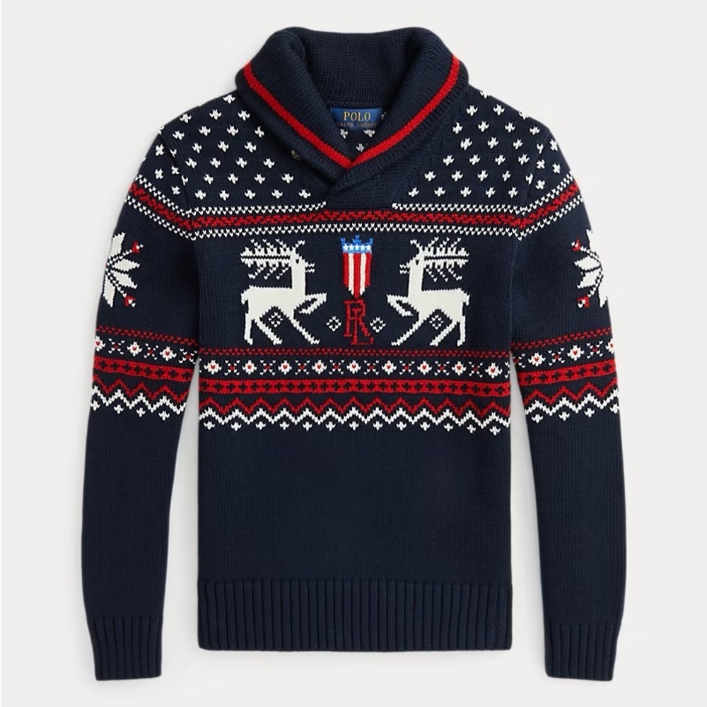 Ralph Lauren Reindeer Cotton-Blend Shawl Sweater- fits women medium!